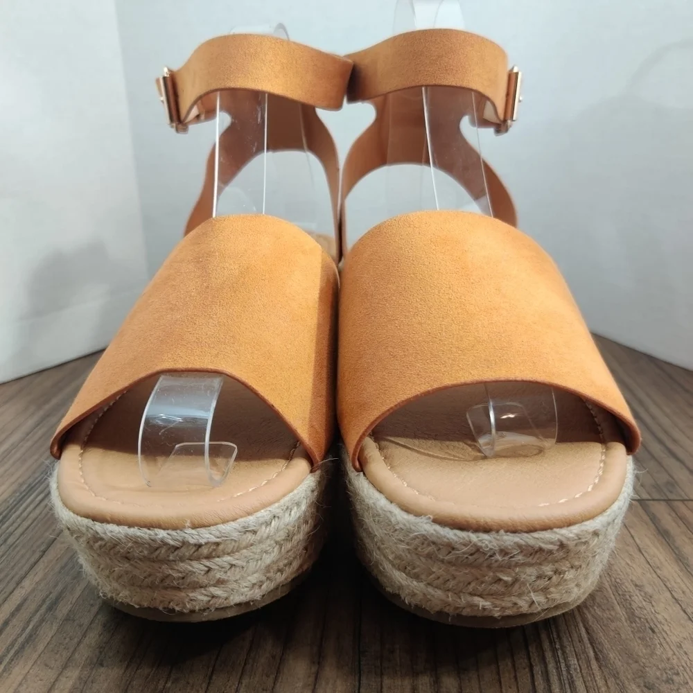 ROUGE Tradition Espadrille Sandals Ankle Strap Tan Faux Suede Platform Women 8.5